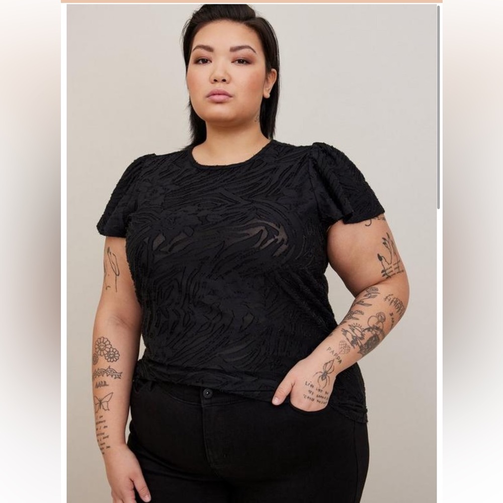 Torrid Black Knit Jacquard Flutter Sleeve Blouse